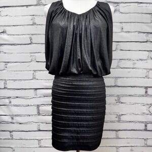 Xscape‎ by Joanna Chen Metallic Black Blouson Tiered Bandage Cocktail Dress 4